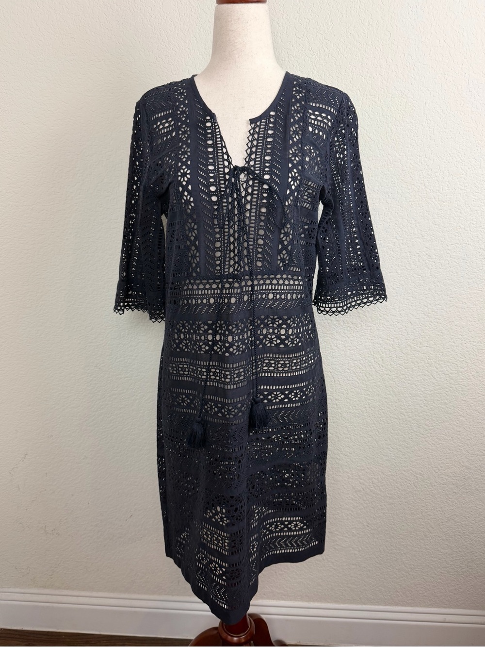 Figue Eyelet Elbow Sleeve V Neck Tassel Ties Navy Blue Marlin Dress